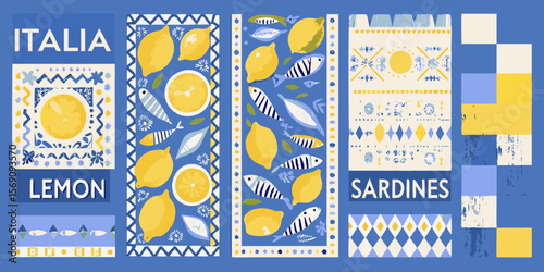 Italian riviera inspired design with lemons sardines and geometric patterns