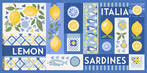 Italian riviera inspired design with lemons sardines and geometric patterns
