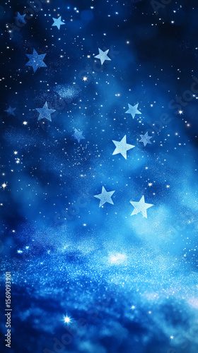 A celestial symphony unfolds in a deep blue expanse, scattered with shimmering stars, creating a breathtaking cosmic spectacle.