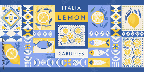 Italian riviera inspired pattern with lemons sardines and tiles