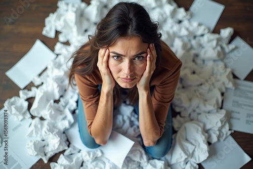 Desperate individual surrounded by discarded loan applications in a sea of crumpled paper