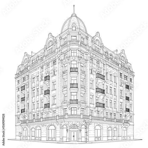 Detailed line drawing of an elegant historical building  
