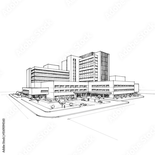 Modern hospital building architectural sketch in monochrome design  