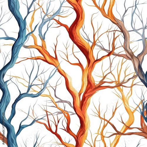 Colorful seamless pattern of dead trees, isolate on a white background, creating a lively and appealing design.