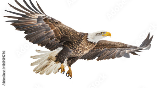 Bald Eagle in Flight with Outstretched Wings Against a White Background Highlighting Its Graceful Movement and Stunning Feather Detail