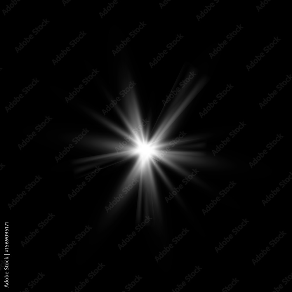 Obraz premium Bright white starburst light flare effect isolated on black background