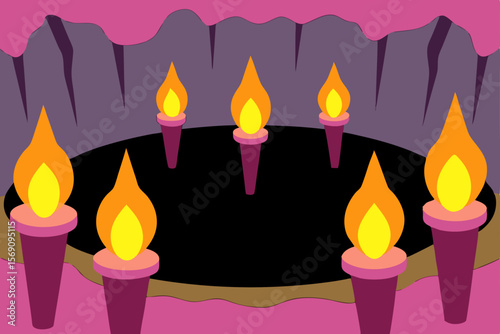 Burning birthday candles illuminate the dark background, their yellow flames symbolizing celebration and light