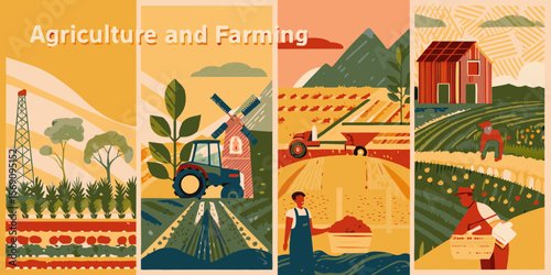 Diverse agricultural scenes showcasing farming practices and rural life