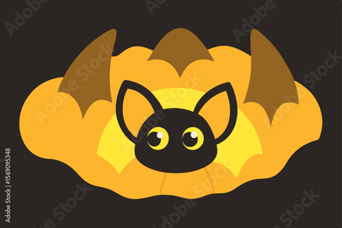 Whimsical Halloween vector illustration of a black cat with bat wings and glowing eyes against a moonlit night, embodying funny monster art