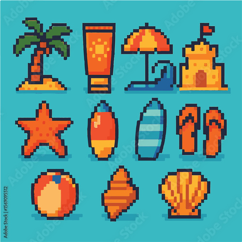 Beach icon, pixel art, eps 10 illustation