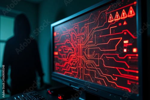 Computer Screen of Chaos: A Tangled Web of Red Lines and Warning Symbols, with a Mysterious Figure Lurking in the Shadows.