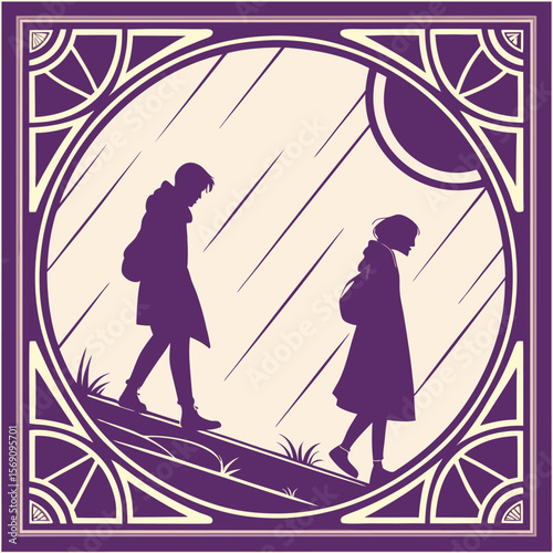 Silhouetted figures walking in rain framed by ornate border with geometric and floral elements