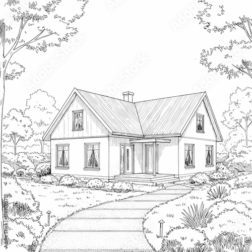 House sketch with garden and pathway surrounded by trees  