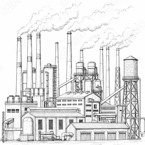 Industrial factory complex with smokestacks and water tower  