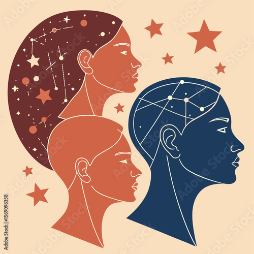 Three stylized female profiles with cosmic and interconnected designs in a geometric style art