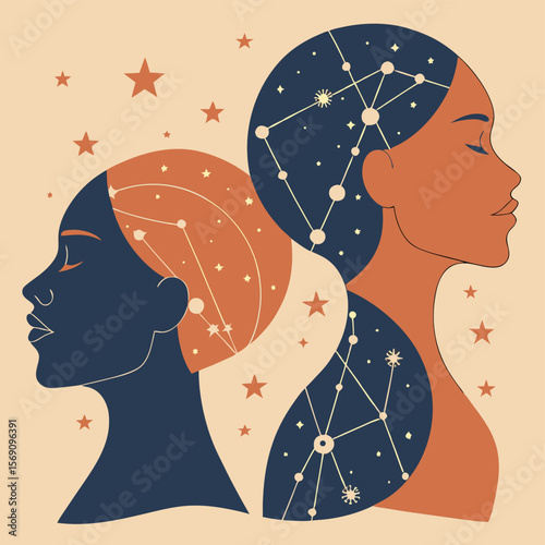 Two women profiles with constellations and stars in their hair on a light background art design