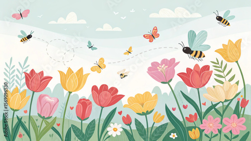 Spring flower garden with butterflies and bees vector illustration floral background nature scene drawing 100
