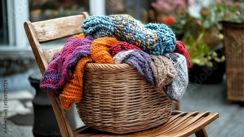 A basket full of colorful knitted yarn. Craft concept for handmade hobbies and cozy home decor. Textile material and handicraft footage.