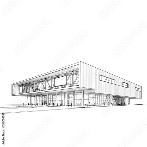 Modern architectural design of a building with large windows and structure  