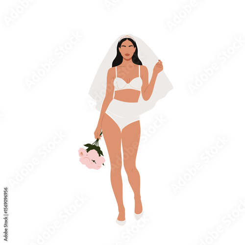 Bride holding bouquet while wearing white lingerie and veil  