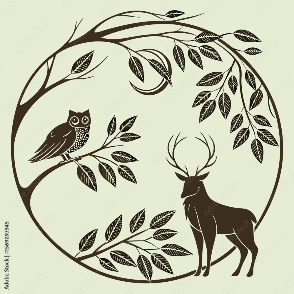 Obraz premium Illustration of an owl perched on a branch with a deer and leaves in a circular frame design