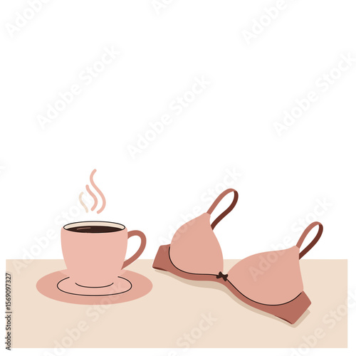 Coffee cup next to a bra on a pastel background  