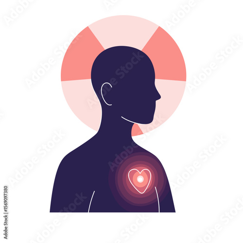 Abstract silhouette of person with heart symbol and glowing rays  