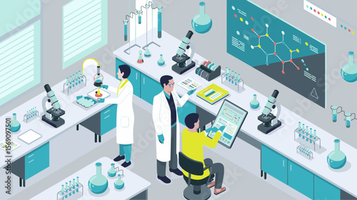 team of scientists working in a modern laboratory, isometric vector illustration for industrial research and development, scientific innovation and biotechnology