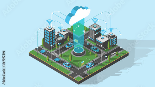 isometric smart city connected to a cloud network, vector illustration for internet of things  infrastructure, urban technology and data connectivity