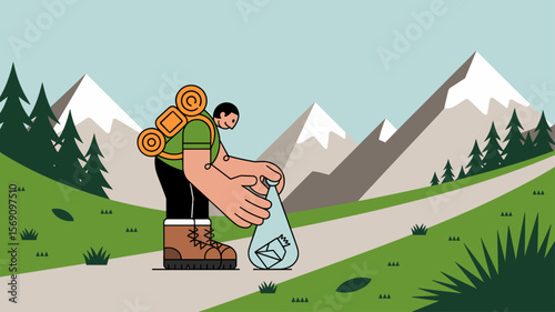 hiker cleaning up trash on a mountain trail, vector illustration for the leave no trace principle, environmental conservation and responsible tourism