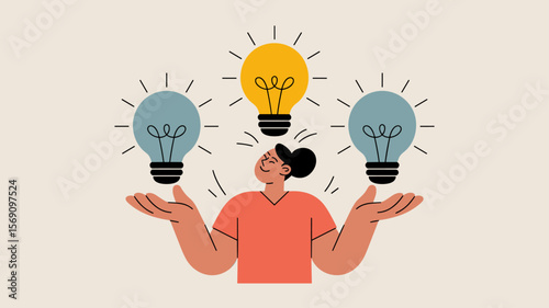 woman juggling lightbulbs, vector illustration for managing multiple ideas, creative decision making and brainstorming innovation