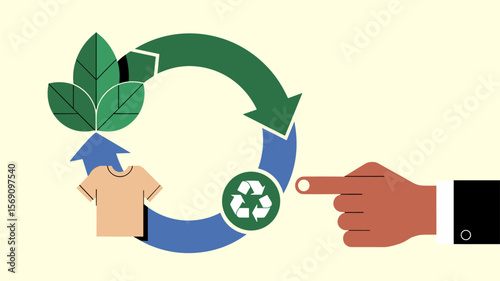 hand pointing to a circular economy diagram for sustainable fashion, vector illustration for product lifecycle, ethical consumerism and eco-friendly textile recycling