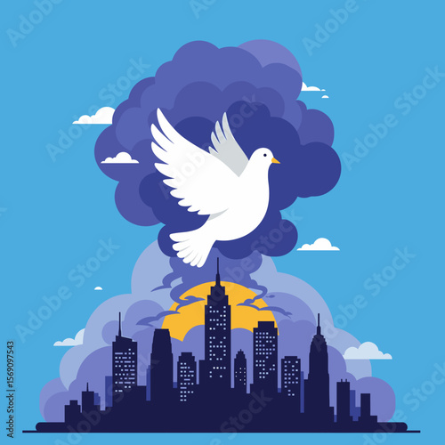 White dove flying above city skyline with colorful clouds  