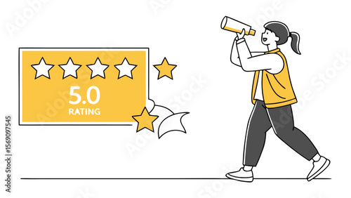A person holding a megaphone announces a perfect five star rating with a yellow rating card and falling stars in a simple line art illustration