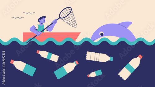 volunteer in a boat cleaning plastic bottle pollution from the ocean, vector illustration for ocean cleanup, environmental awareness and marine life protection