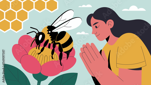 woman showing appreciation for a bee on a flower, vector illustration for pollinator protection, bee conservation and environmental awareness