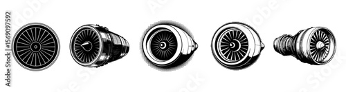 set of jet engine , engraving vector illustrations for aviation technology and aerospace engineering