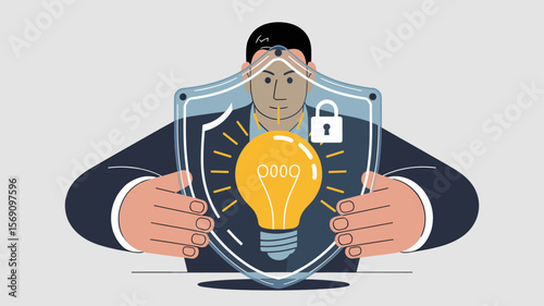 entrepreneur protecting a lightbulb idea with a shield, vector illustration for intellectual property, copyright law and patent protection