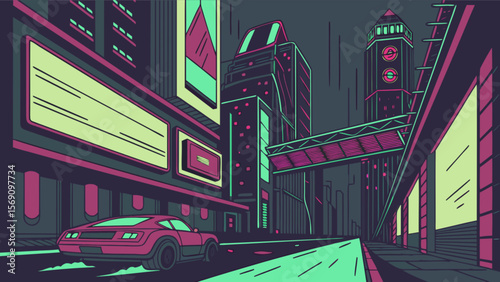 Retro futuristic city illustration with car and buildings in neon colors design concept art 80s