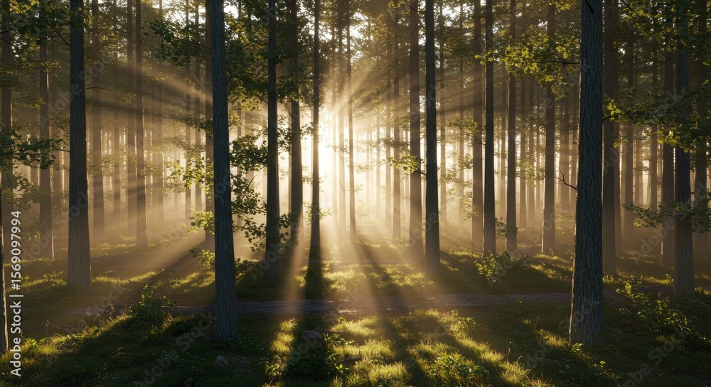 Obraz premium Sunbeams through Misty Forest at Sunrise