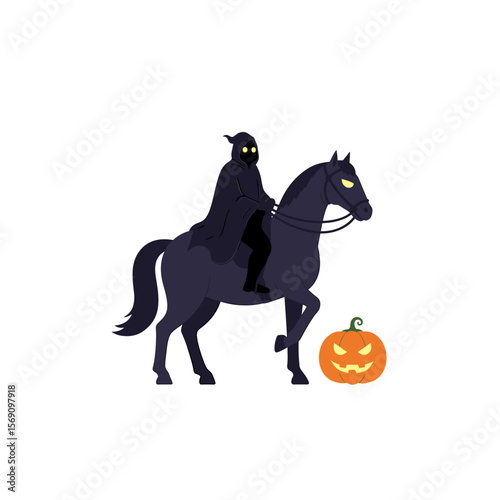Ghostly figure riding a black horse with a pumpkin nearby  