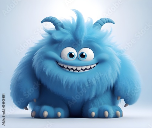 Cute blue furry monster 3D cartoon character