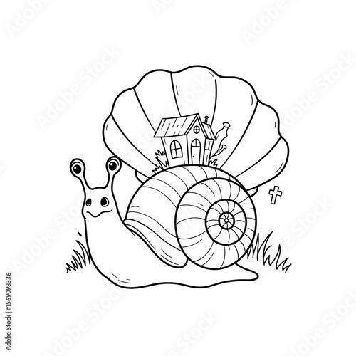 Snail carrying a house on its shell in a grassy environment  