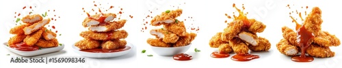 Crispy chicken strips splashing, tomato ketchup, isolate on white background. Set