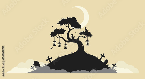 Haunted tree silhouette with lanterns and gravestones on hill 
