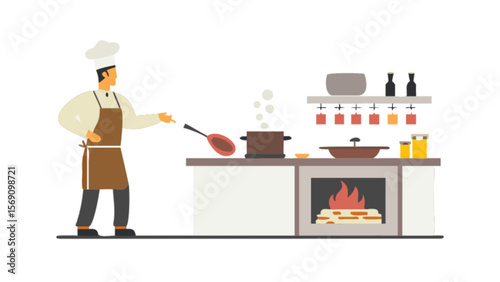Chef cooking food in restaurant kitchen professional culinary cuisine preparation recipe illustration