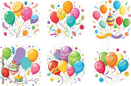 Festive collection of colorful balloons and confetti for celebrations