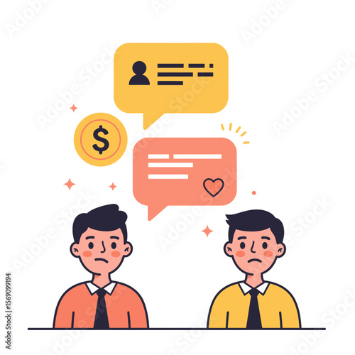 Two men discussing financial matters and emotions with speech bubbles  