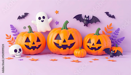 soft lilac paper space, flat lay composition, with 3D catoon three pumpkins, skull, ghost and bat, net spooky elements for scary night decoration, copy space
