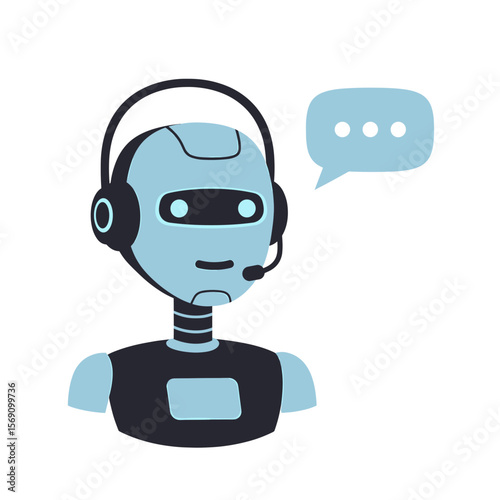 Cartoon robot with headset talking in speech bubble  